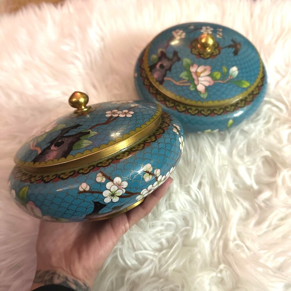 Set of 2 Antique Chinese Cloisonne Enamel Box Lid Pink Cherry Blossoms Canisters